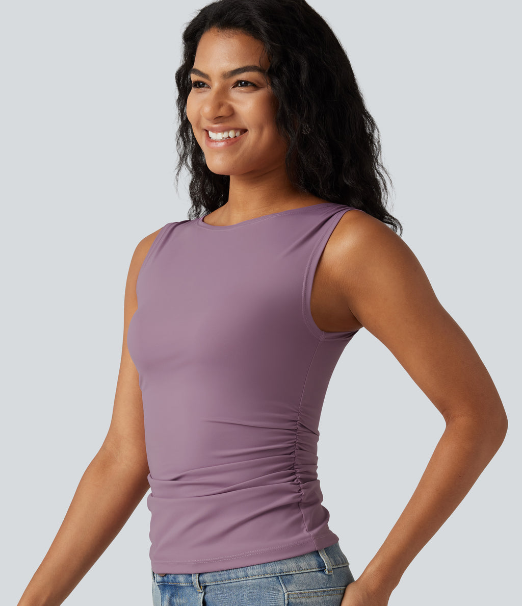 Boat Neck Ruched Casual Tank Top — Taro — view 1