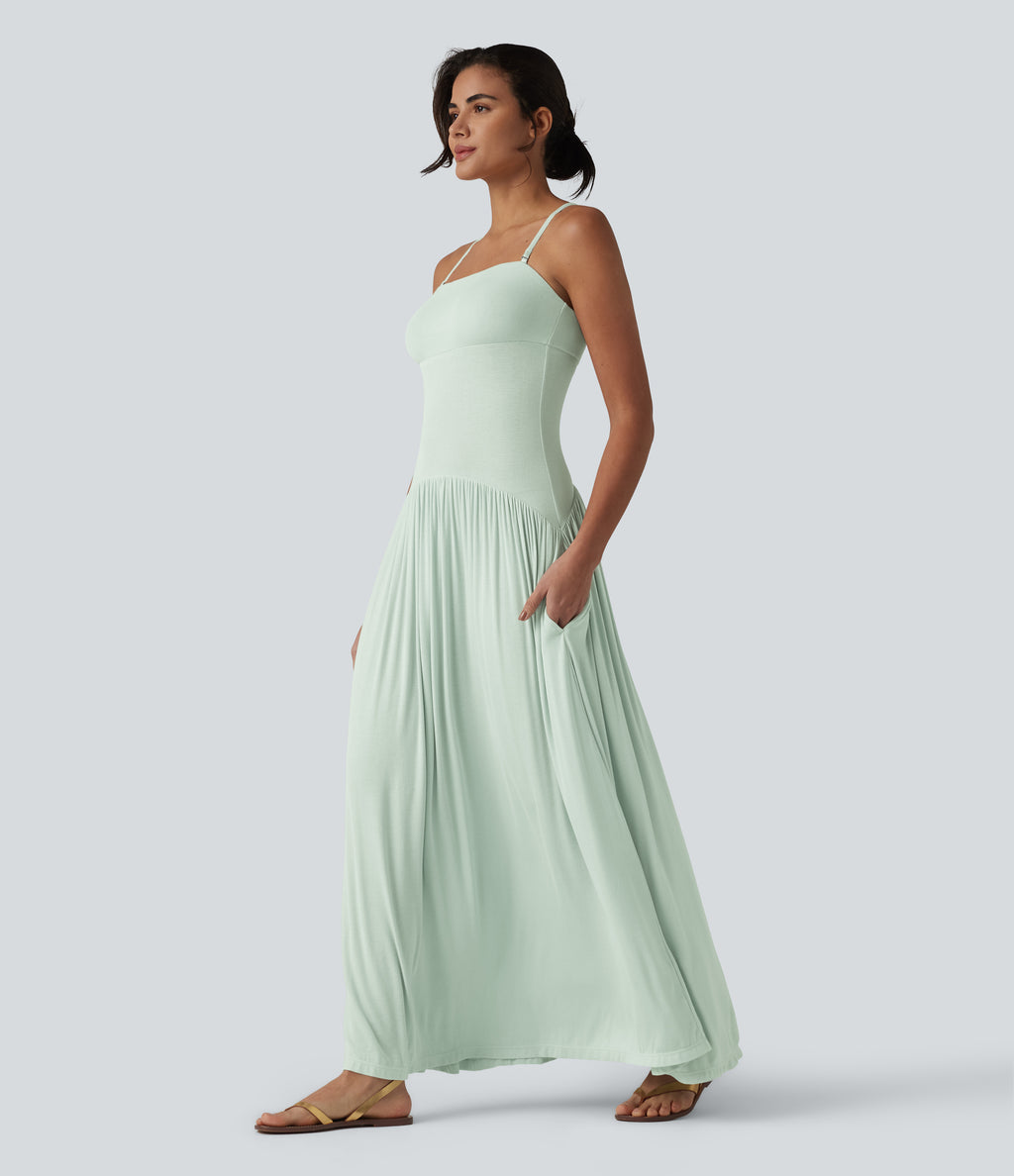 Ribbed Flowy Maxi Slip Dress with Pockets — Fairest Jade — view 1