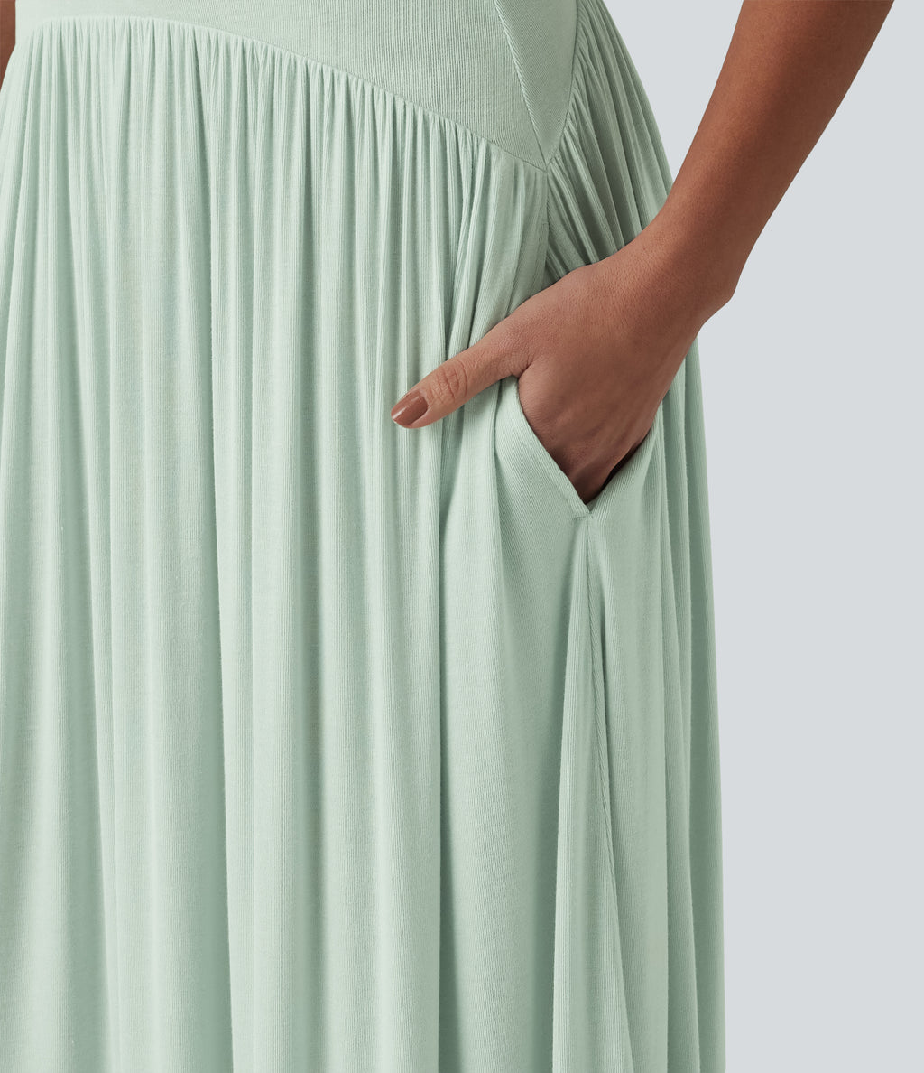 Ribbed Flowy Maxi Slip Dress with Pockets — Fairest Jade — view 7