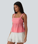 Square Neck Tie Back Plaid Quick Dry Casual Tank Top — Crimson Snow Weave Plaid — view 3