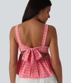 Square Neck Tie Back Plaid Quick Dry Casual Tank Top — Crimson Snow Weave Plaid — view 1