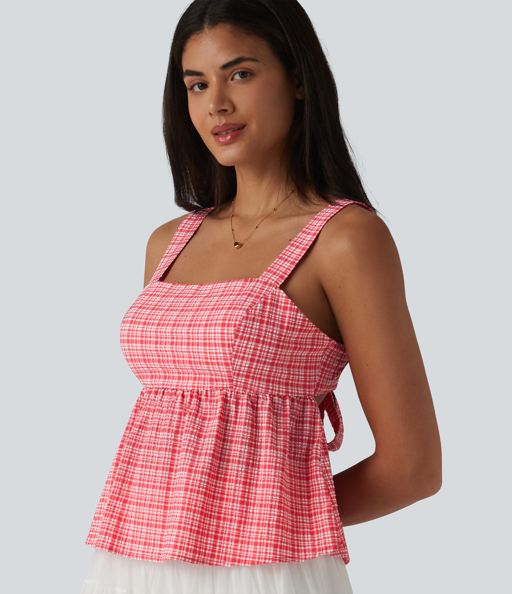 Square Neck Tie Back Plaid Quick Dry Casual Tank Top — Crimson Snow Weave Plaid — view 5