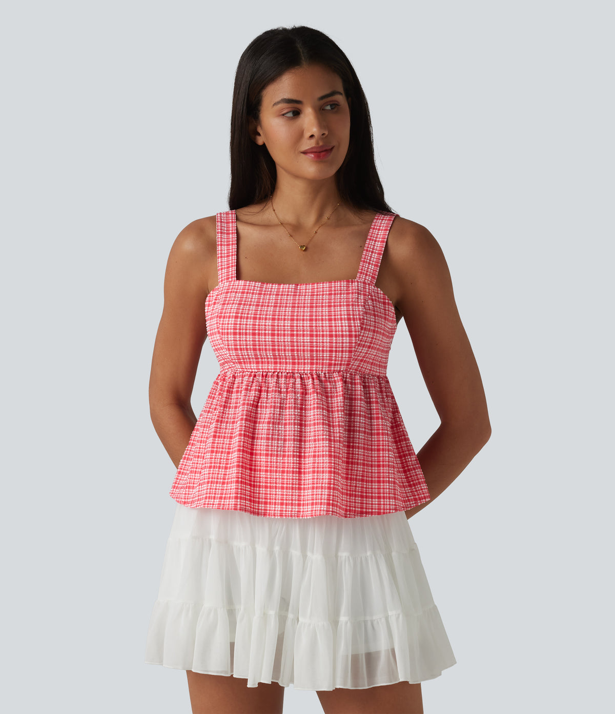 Square Neck Tie Back Plaid Quick Dry Casual Tank Top — Crimson Snow Weave Plaid — view 2