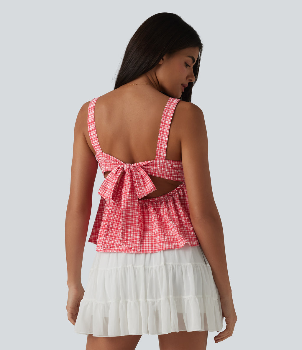 Square Neck Tie Back Plaid Quick Dry Casual Tank Top — Crimson Snow Weave Plaid — view 4