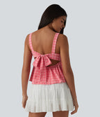 Square Neck Tie Back Plaid Quick Dry Casual Tank Top — Crimson Snow Weave Plaid — view 4