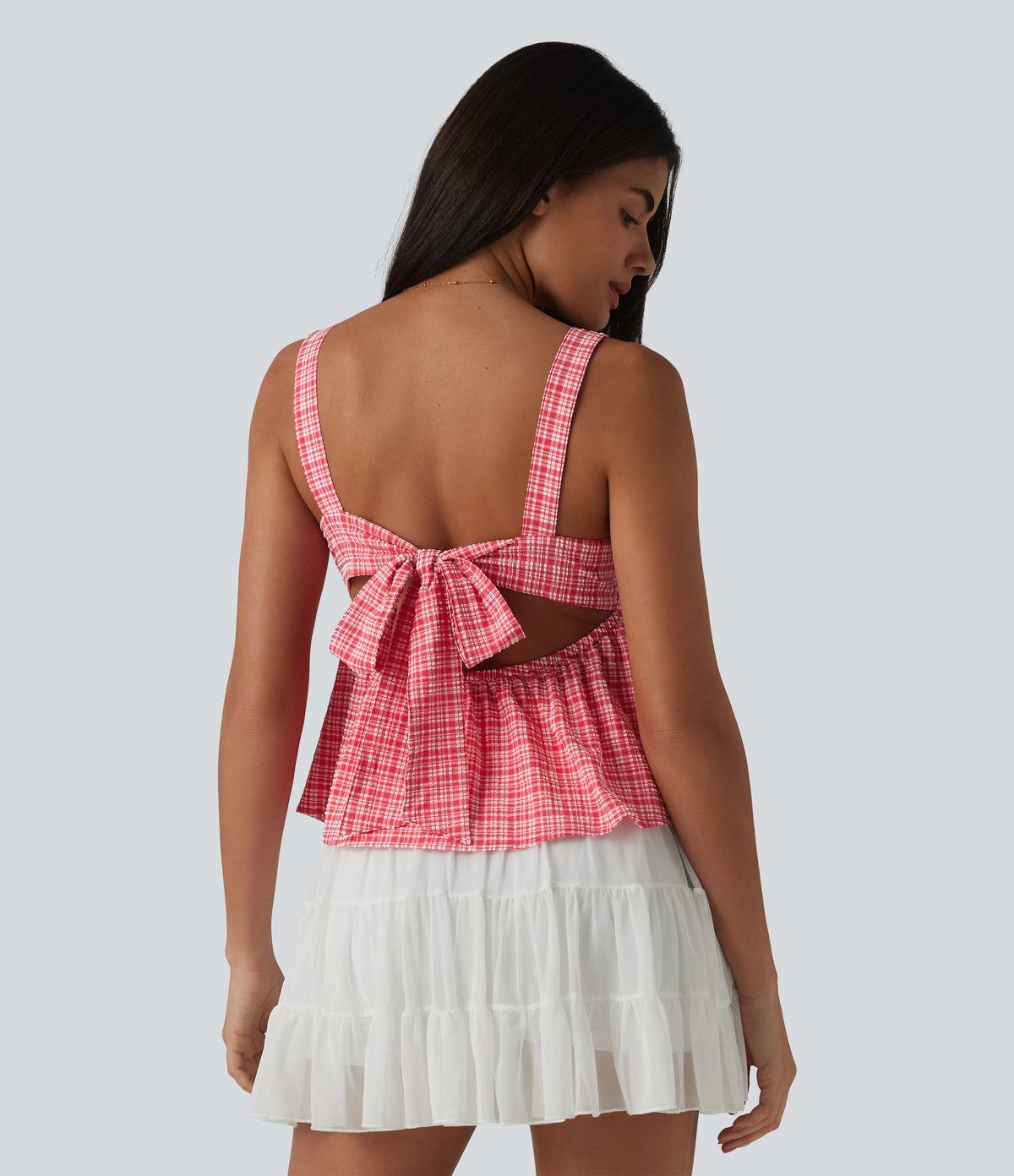 Square Neck Tie Back Plaid Quick Dry Casual Tank Top — Crimson Snow Weave Plaid — view 4