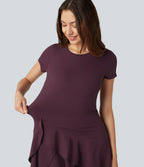 Airy Round Neck Short Sleeve Layered Ruffle Hem InstantCool Mini Casual Dress — Fig — view 5