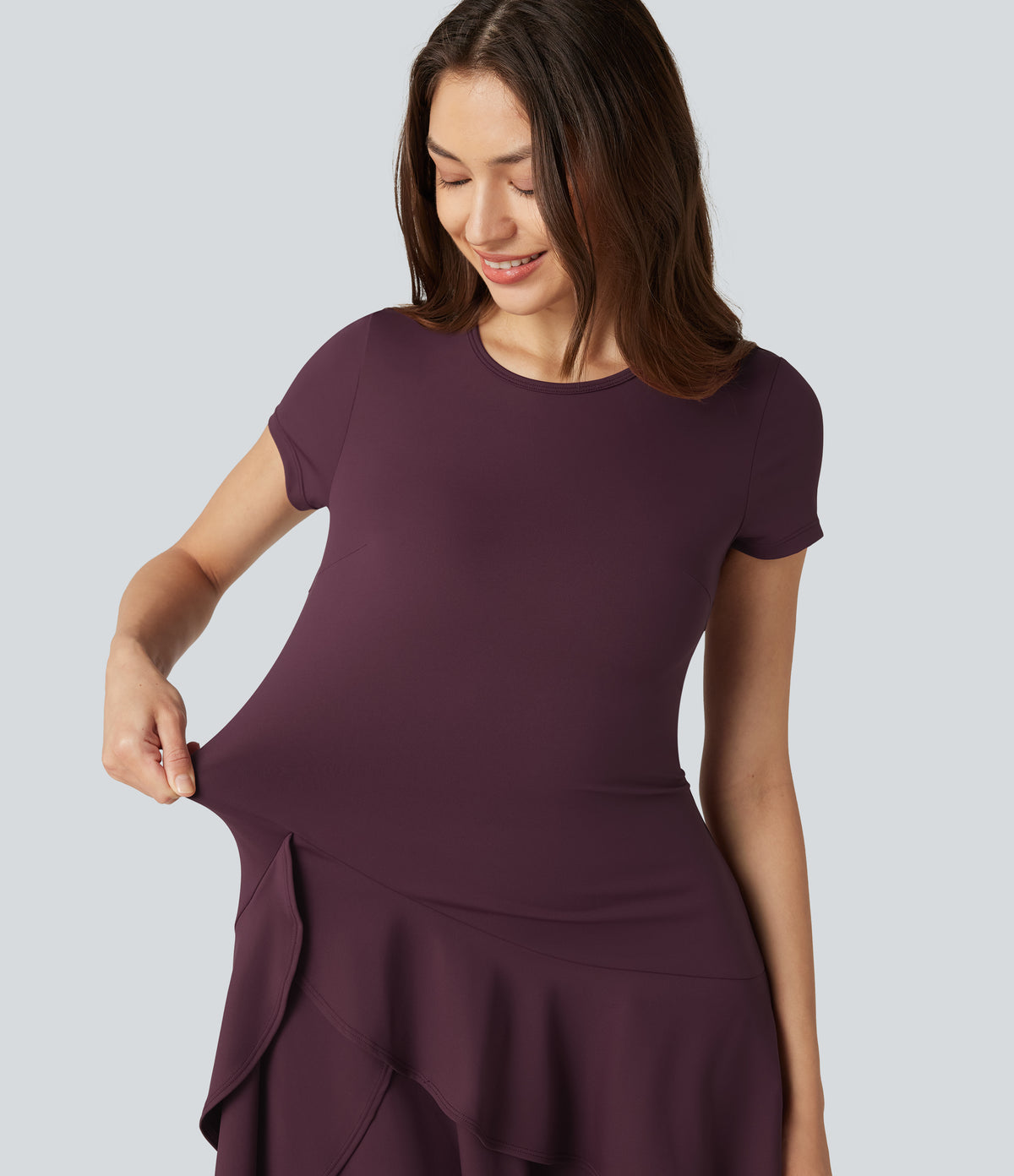 Airy Round Neck Short Sleeve Layered Ruffle Hem InstantCool Mini Casual Dress — Fig — view 5