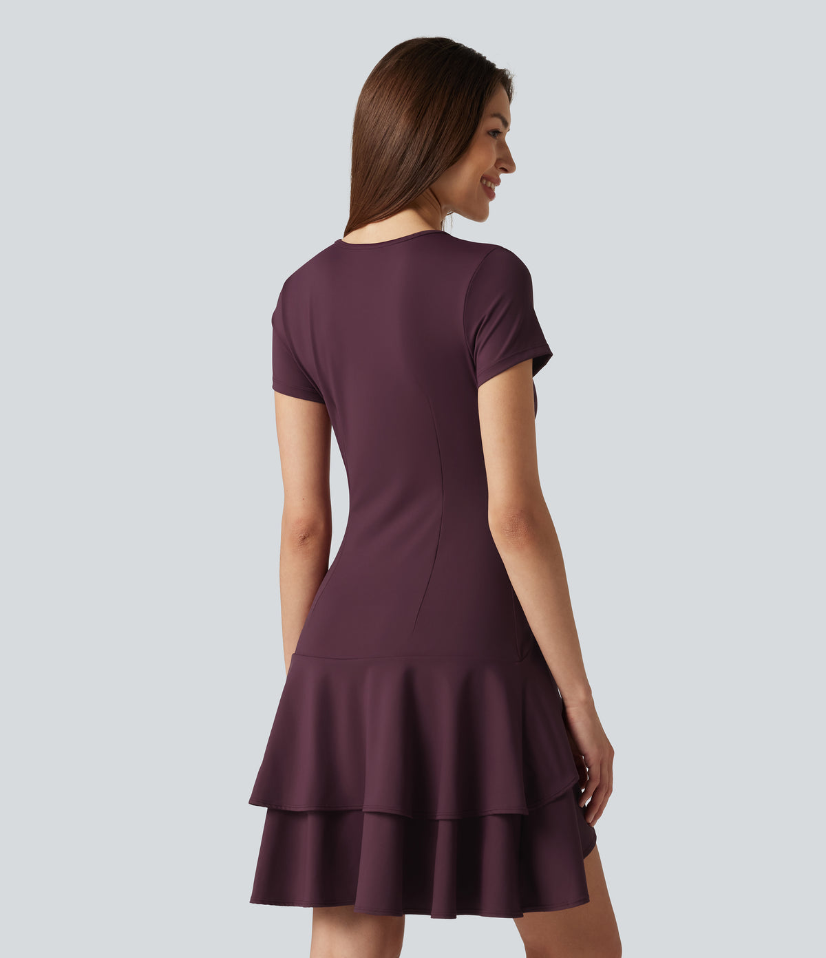 Airy Round Neck Short Sleeve Layered Ruffle Hem InstantCool Mini Casual Dress — Fig — view 2