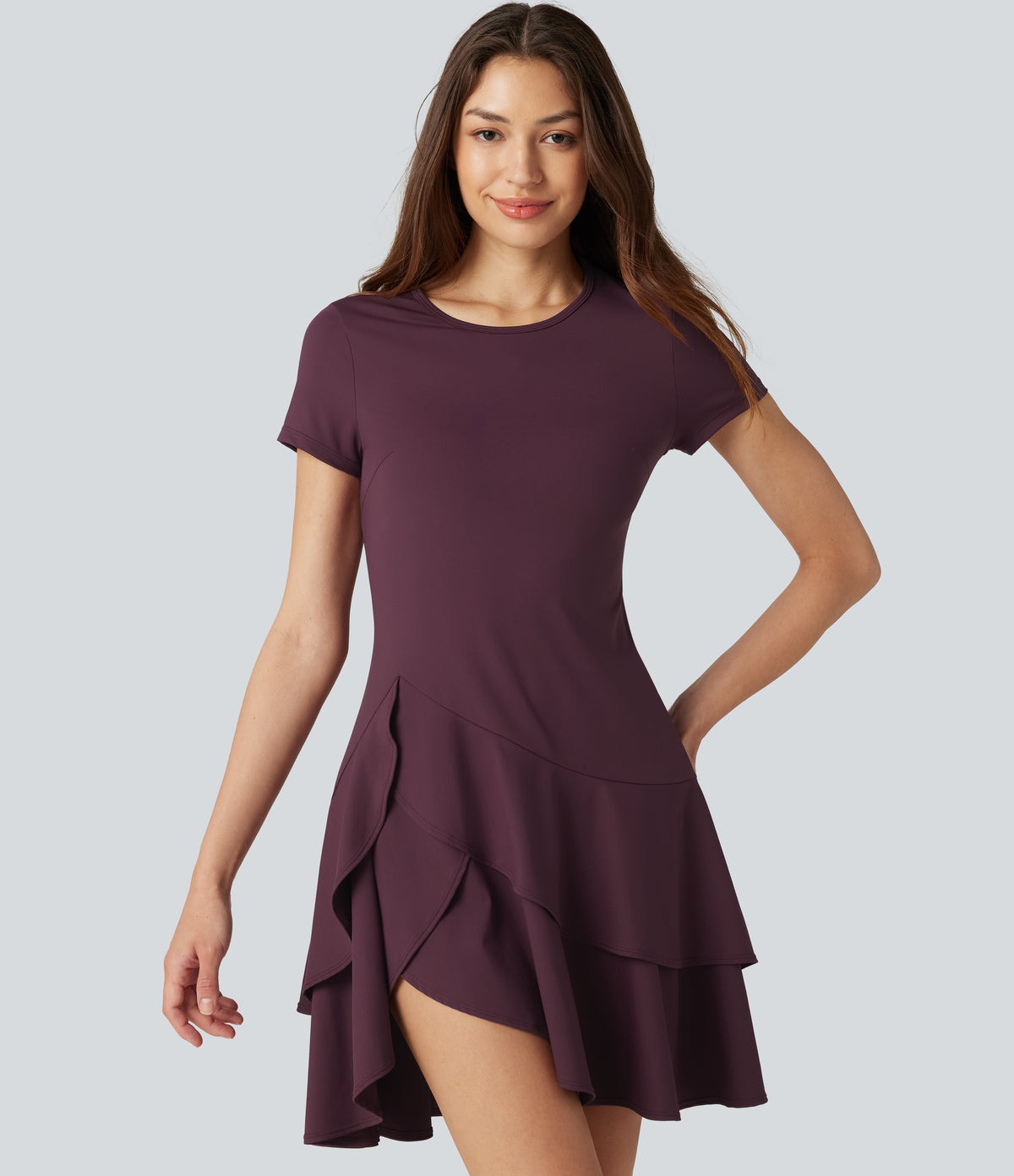 Airy Round Neck Short Sleeve Layered Ruffle Hem InstantCool Mini Casual Dress — Fig — view 6