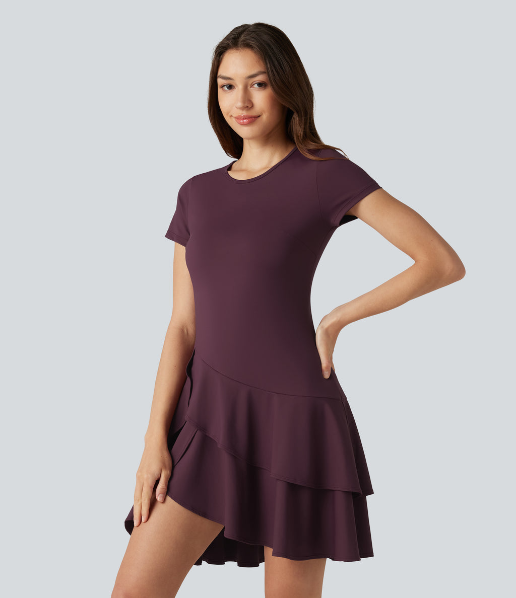 Airy Round Neck Short Sleeve Layered Ruffle Hem InstantCool Mini Casual Dress — Fig — view 3