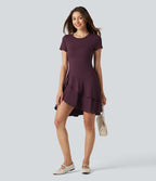 Airy Round Neck Short Sleeve Layered Ruffle Hem InstantCool Mini Casual Dress — Fig — view 1