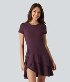 Airy Round Neck Short Sleeve Layered Ruffle Hem InstantCool Mini Casual Dress — Fig — view 4