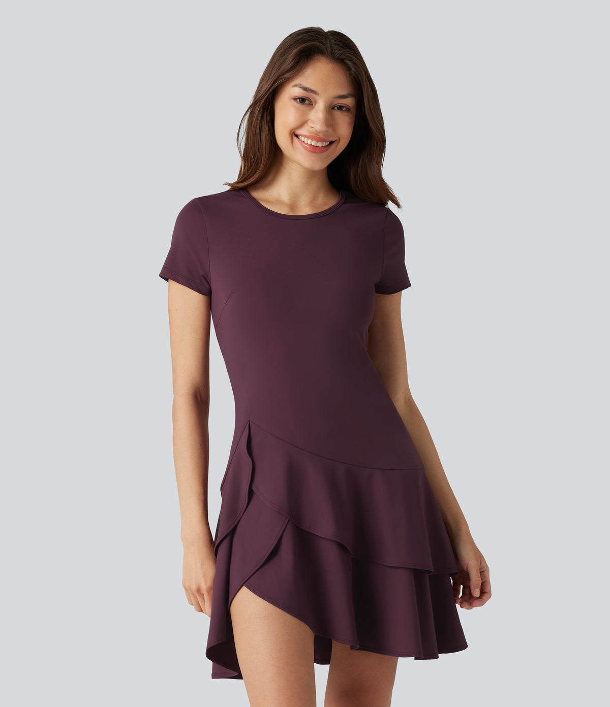 Airy Round Neck Short Sleeve Layered Ruffle Hem InstantCool Mini Casual Dress — Fig — view 4