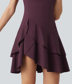 Airy Round Neck Short Sleeve Layered Ruffle Hem InstantCool Mini Casual Dress — Fig — view 8