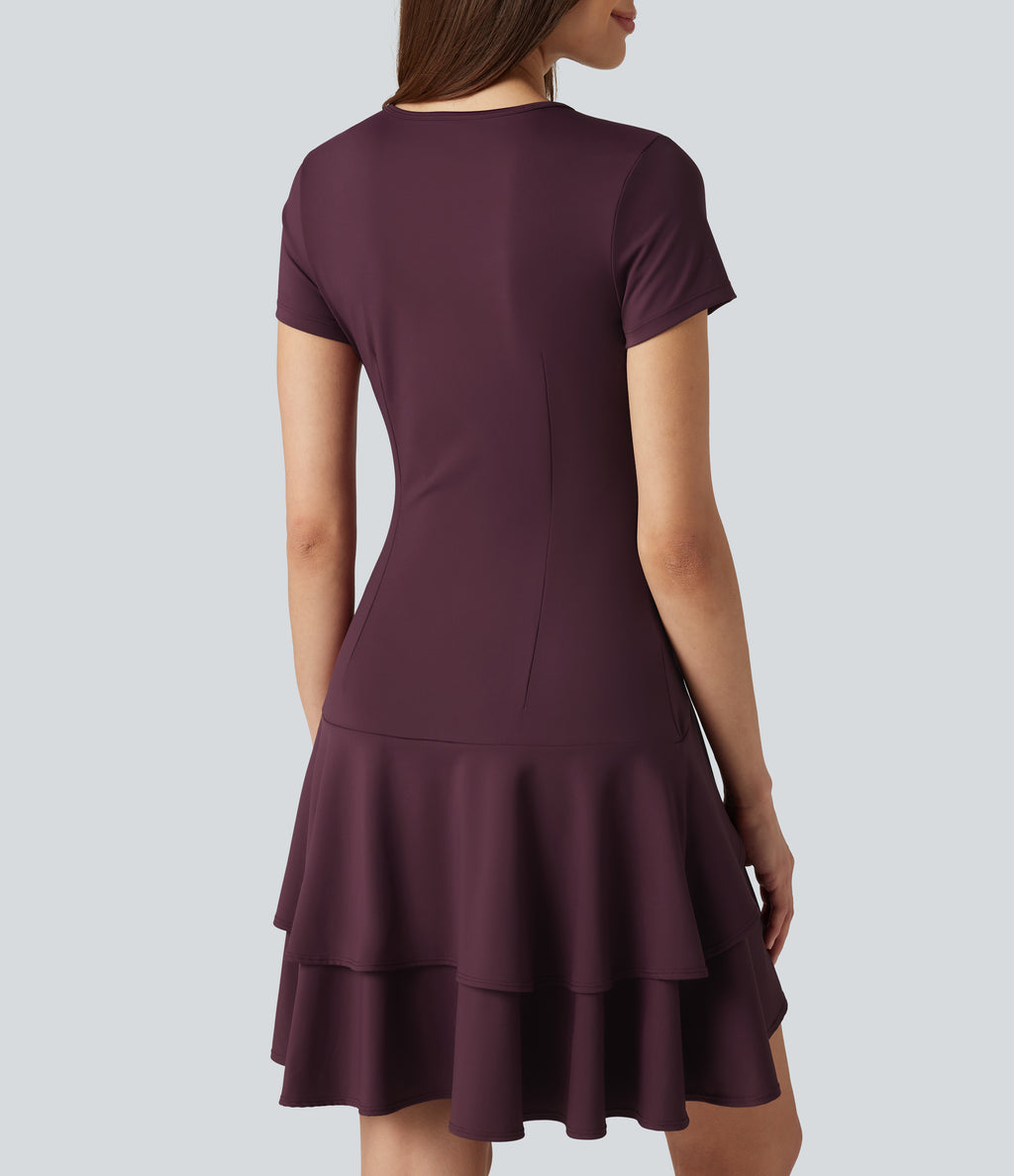 Airy Round Neck Short Sleeve Layered Ruffle Hem InstantCool Mini Casual Dress — Fig — view 7