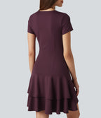Airy Round Neck Short Sleeve Layered Ruffle Hem InstantCool Mini Casual Dress — Fig — view 7