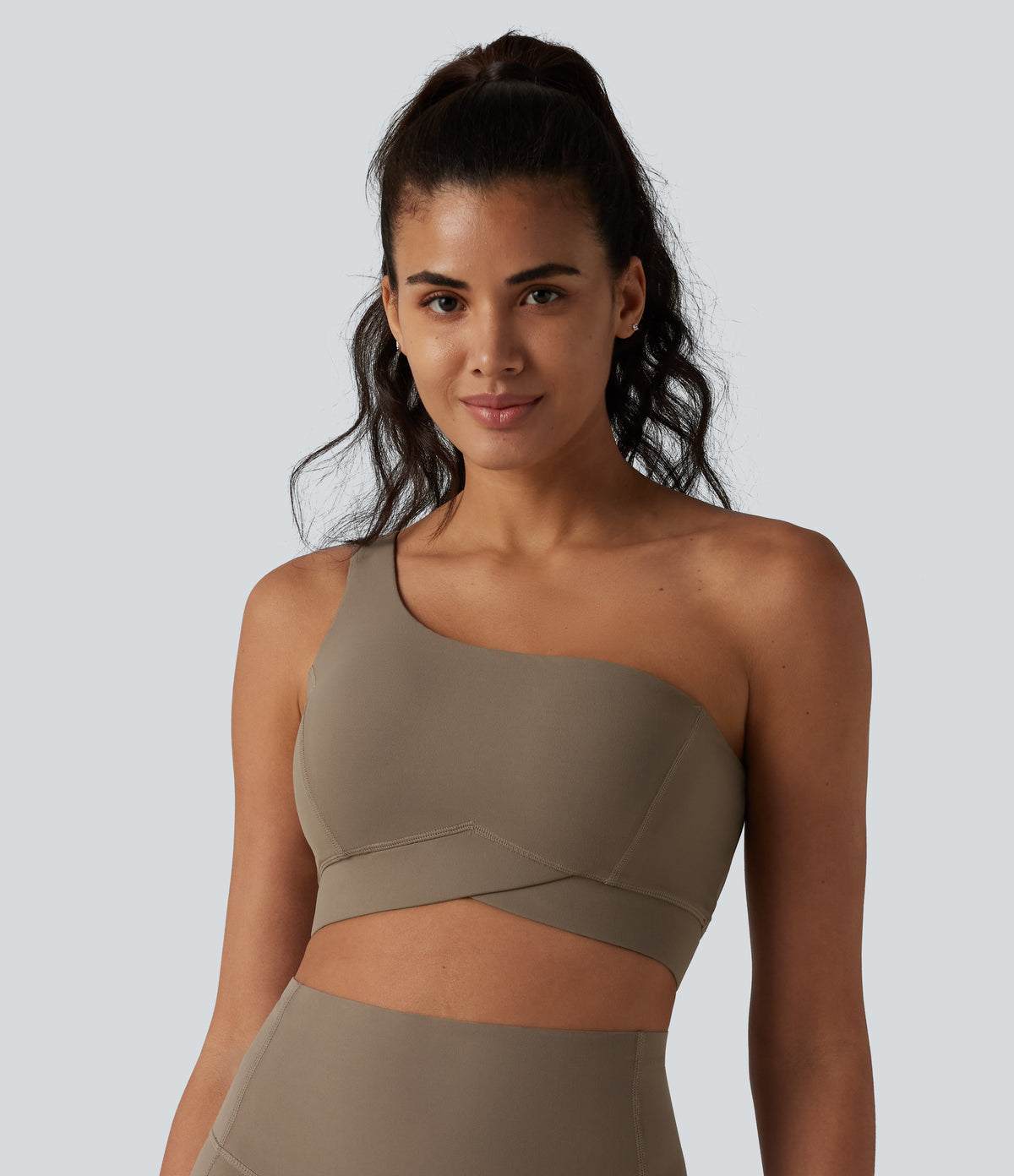 Low Support One-Shoulder Crossover Hem Built-in Bra Yoga Sports Bra — Dawn Brown — view 4