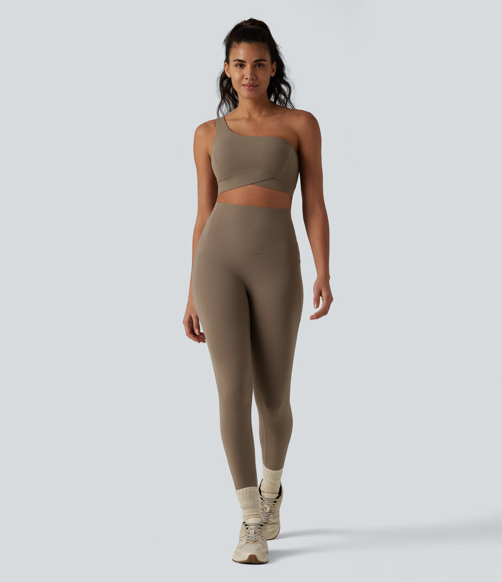 Low Support One-Shoulder Crossover Hem Built-in Bra Yoga Sports Bra — Dawn Brown — view 5