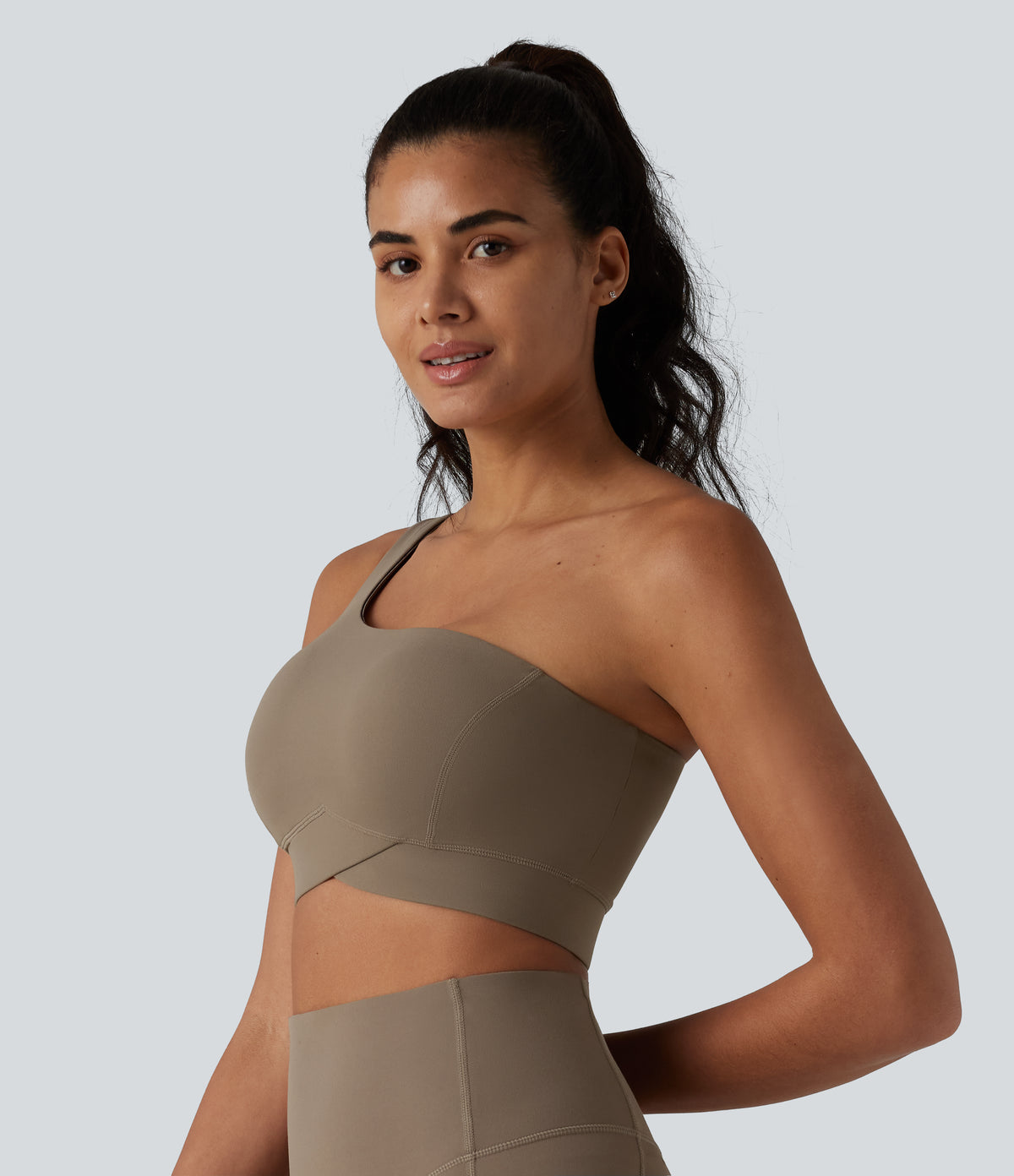 Low Support One-Shoulder Crossover Hem Built-in Bra Yoga Sports Bra — Dawn Brown — view 3