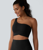 Low Support One-Shoulder Crossover Hem Built-in Bra Yoga Sports Bra — Black — view 6