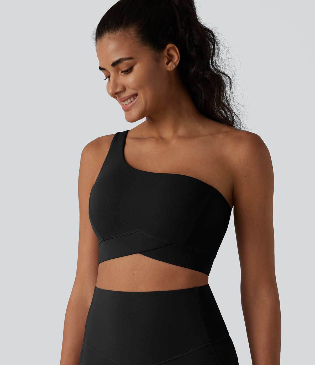 Low Support One-Shoulder Crossover Hem Built-in Bra Yoga Sports Bra — Black — view 6