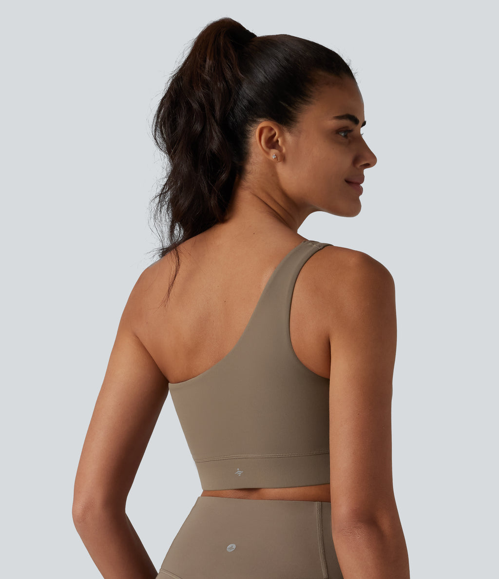 Low Support One-Shoulder Crossover Hem Built-in Bra Yoga Sports Bra — Dawn Brown — view 2