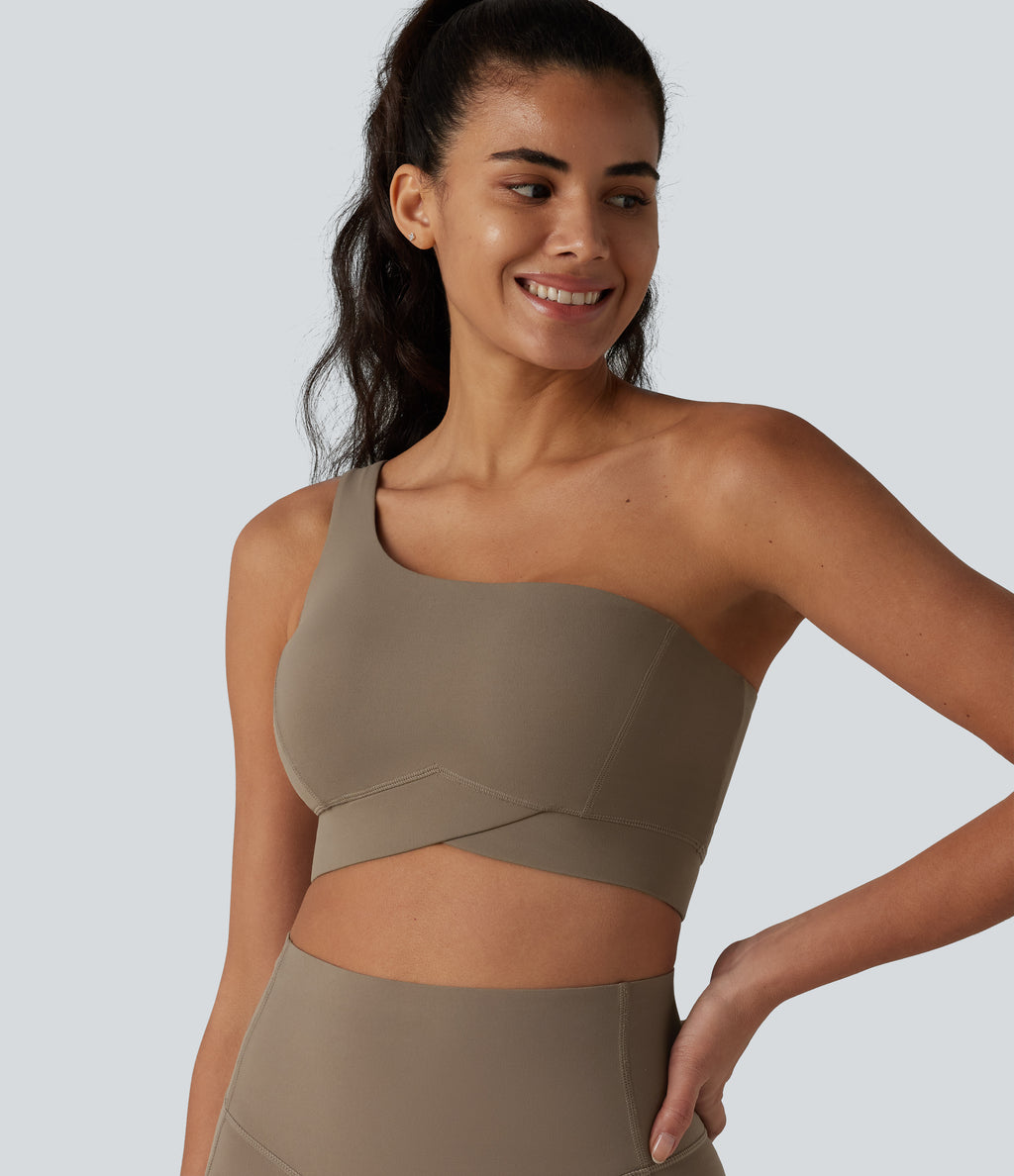 Low Support One-Shoulder Crossover Hem Built-in Bra Yoga Sports Bra — Dawn Brown — view 1