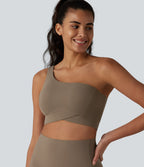 Low Support One-Shoulder Crossover Hem Built-in Bra Yoga Sports Bra — Dawn Brown — view 1