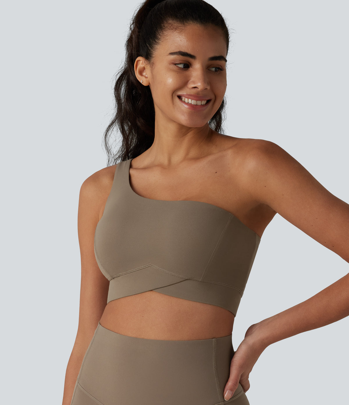 Low Support One-Shoulder Crossover Hem Built-in Bra Yoga Sports Bra — Dawn Brown — view 1