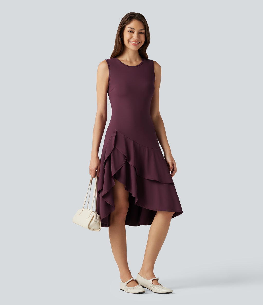 Airy Round Neck Sleeveless Layered Ruffle Hem InstantCool Midi Casual Dress — Fig — view 1