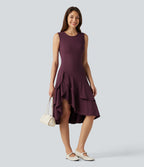 Airy Round Neck Sleeveless Layered Ruffle Hem InstantCool Midi Casual Dress — Fig — view 1