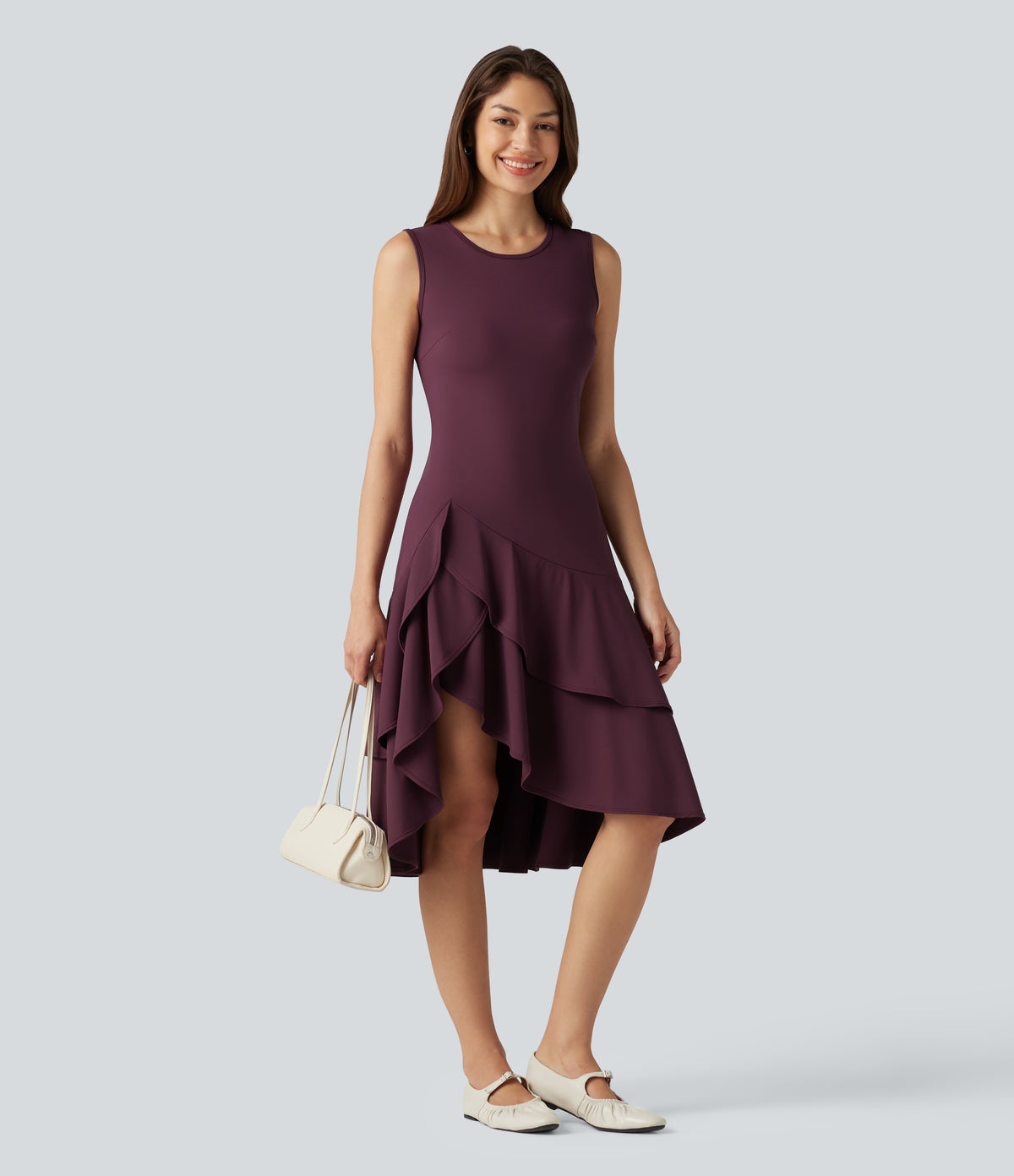Airy Round Neck Sleeveless Layered Ruffle Hem InstantCool Midi Casual Dress — Fig — view 1