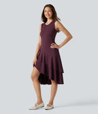 Airy Round Neck Sleeveless Layered Ruffle Hem InstantCool Midi Casual Dress — Fig — view 3