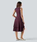 Airy Round Neck Sleeveless Layered Ruffle Hem InstantCool Midi Casual Dress — Fig — view 2