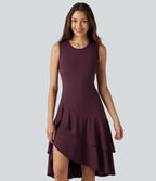 Airy Round Neck Sleeveless Layered Ruffle Hem InstantCool Midi Casual Dress — Fig — view 5