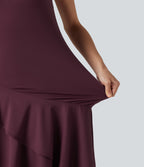 Airy Round Neck Sleeveless Layered Ruffle Hem InstantCool Midi Casual Dress — Fig — view 7