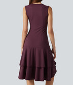 Airy Round Neck Sleeveless Layered Ruffle Hem InstantCool Midi Casual Dress — Fig — view 6