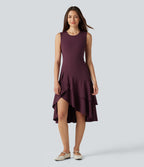Airy Round Neck Sleeveless Layered Ruffle Hem InstantCool Midi Casual Dress — Fig — view 4