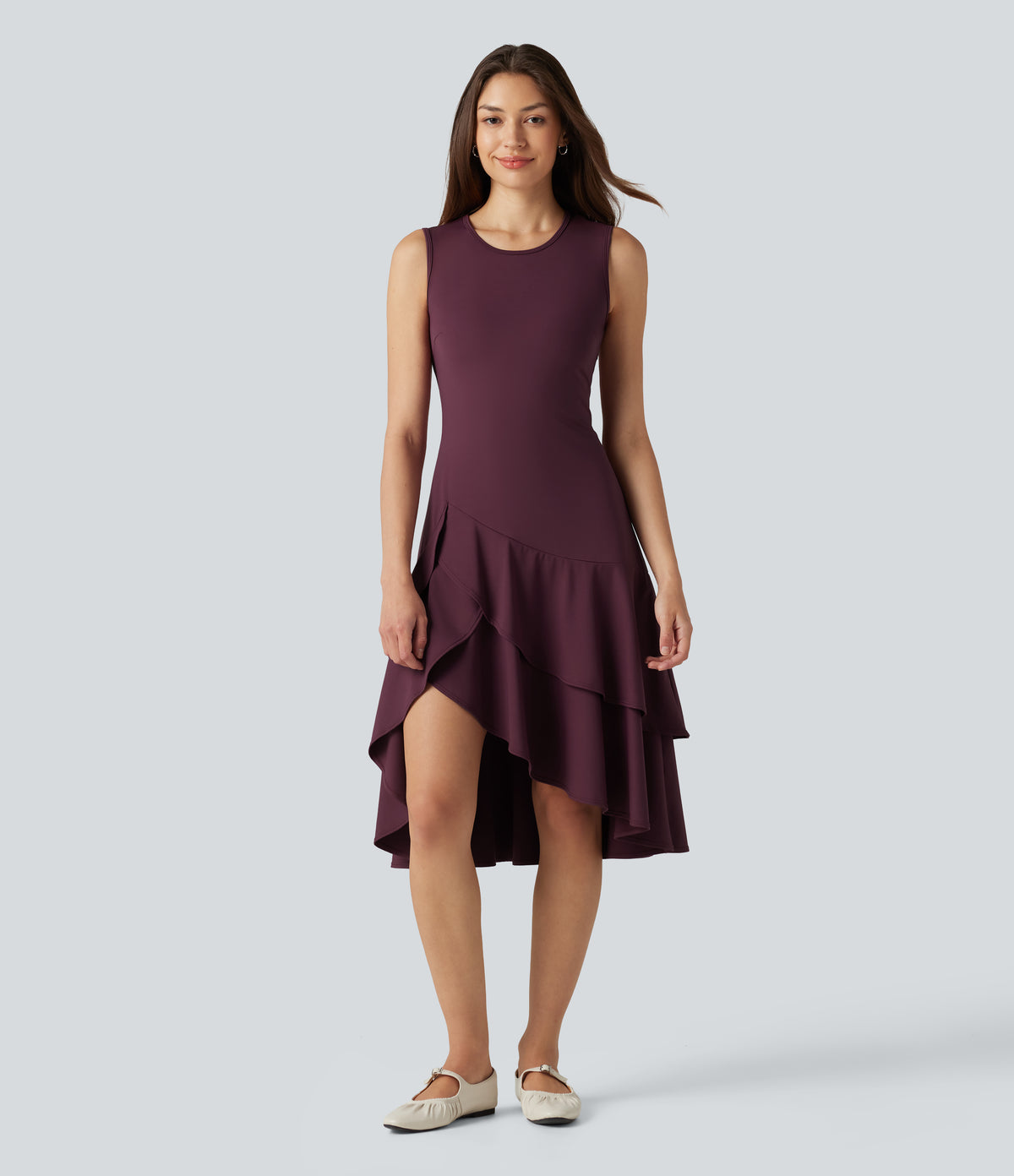 Airy Round Neck Sleeveless Layered Ruffle Hem InstantCool Midi Casual Dress — Fig — view 4
