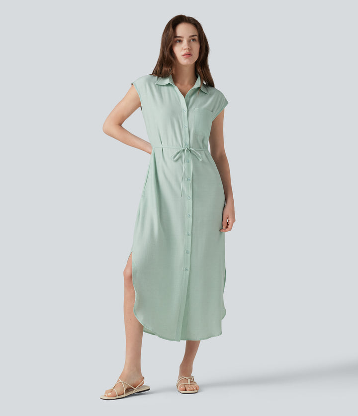 Collar Cap Sleeve Belted Curved Split Hem Midi Casual Linen-Blend Shirt Dress with Pockets — Smoke — view 1