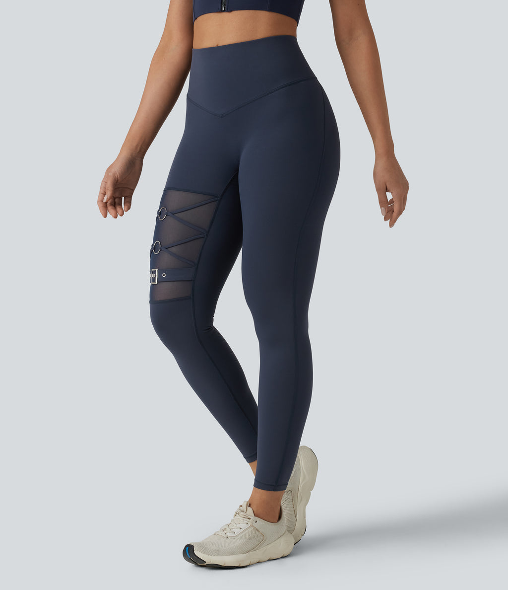 High Waisted Tummy Control Breathable Mesh Buckle Yoga 7/8 Leggings — Mood Indigo — view 3
