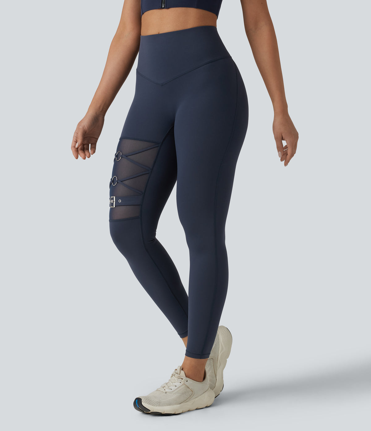 High Waisted Tummy Control Breathable Mesh Buckle Yoga 7/8 Leggings — Mood Indigo — view 3