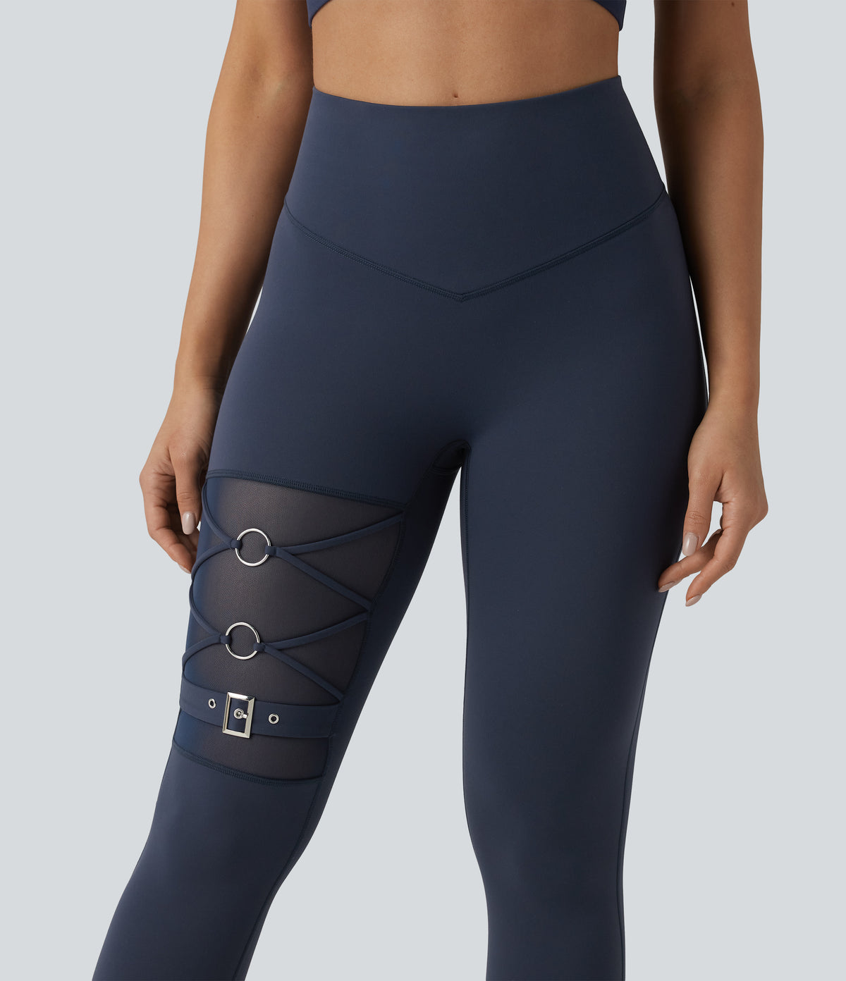 High Waisted Tummy Control Breathable Mesh Buckle Yoga 7/8 Leggings — Mood Indigo — view 4