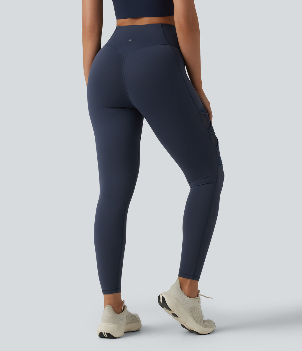 High Waisted Tummy Control Breathable Mesh Buckle Yoga 7/8 Leggings — Mood Indigo — view 2