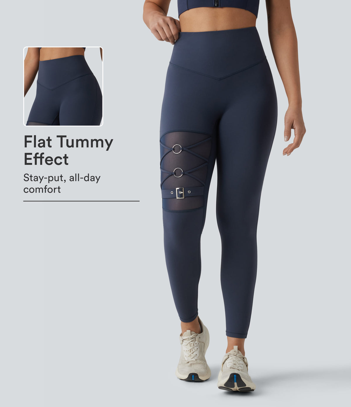 High Waisted Tummy Control Breathable Mesh Buckle Yoga 7/8 Leggings — Mood Indigo — view 1