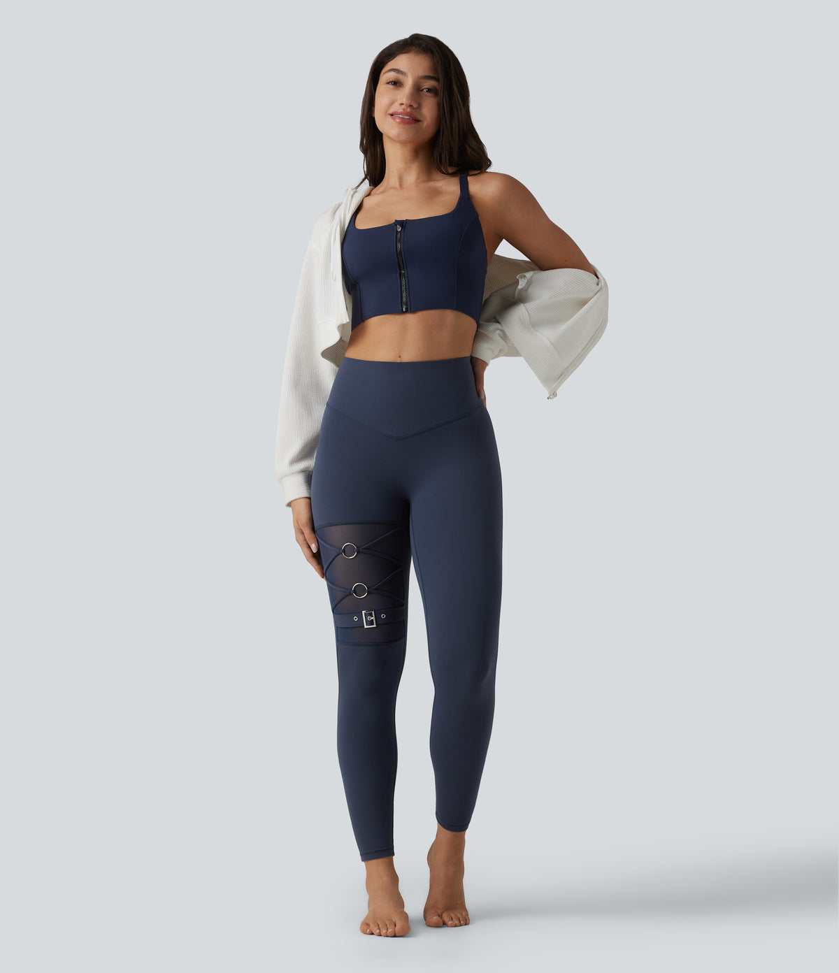 High Waisted Tummy Control Breathable Mesh Buckle Yoga 7/8 Leggings — Mood Indigo — view 6