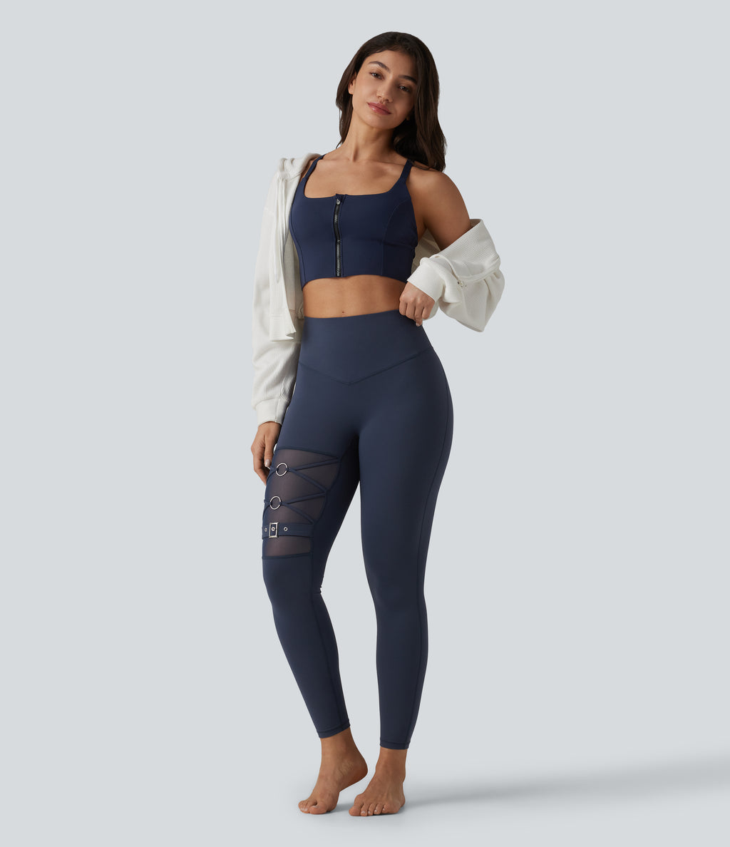 High Waisted Tummy Control Breathable Mesh Buckle Yoga 7/8 Leggings — Mood Indigo — view 7