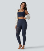 High Waisted Tummy Control Breathable Mesh Buckle Yoga 7/8 Leggings — Mood Indigo — view 7