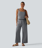 Square Neck Sleeveless Resort Linen-Feel Jumpsuit with Pockets — Obsidian Weave — view 6
